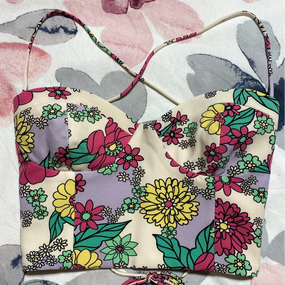 Zara Floral Sleeveless Spaghetti Strap Crop Tank Top Size Medium - Picture 5 of 12